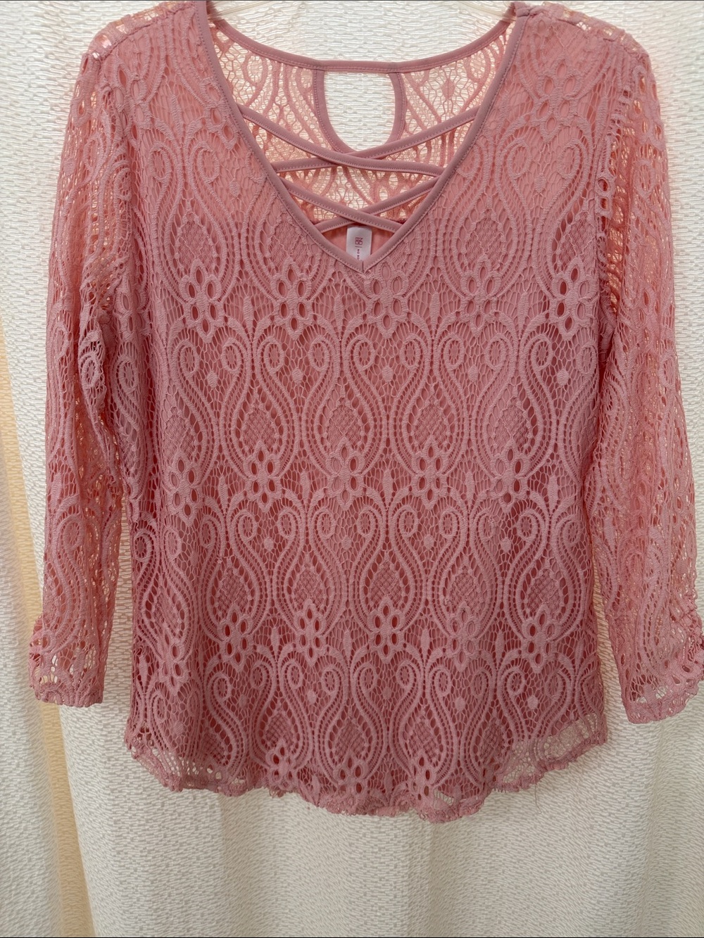 No Boundaries Pink as Lace V-Neck Top with Crisscross Front